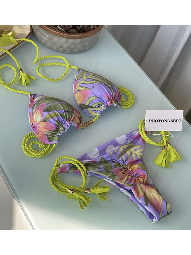 Bikini Soft Bag Low Waist Braid Rope Printed Women Seperated Swimwear Multi Color Swimsuit Bella Mia